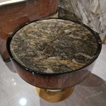 Round Natural Stone Sofa Side Table with Wood Veneer Drum, Upholstered Pedestal and Gold Stainless Steel Base